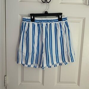 Blue and white striped boxer shorts